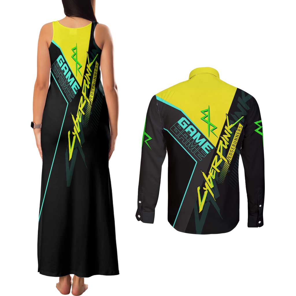 David Martinez Cyberpunk Edgerunners Couples Matching Tank Maxi Dress and Long Sleeve Button Shirt Futuristic Neon Anime Style
