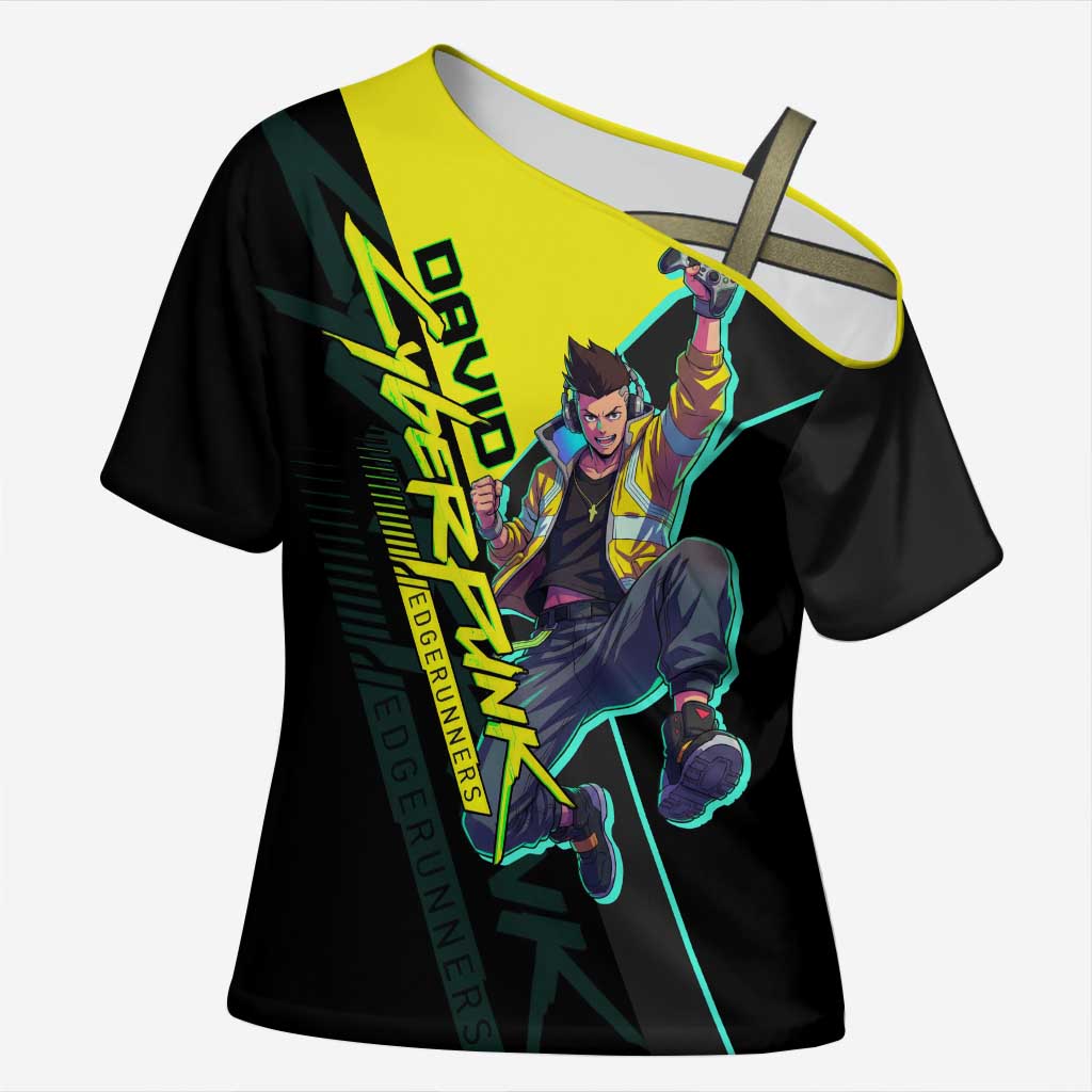 David Martinez Cyberpunk Edgerunners Cross Shoulder Shirt Futuristic Neon Anime Style
