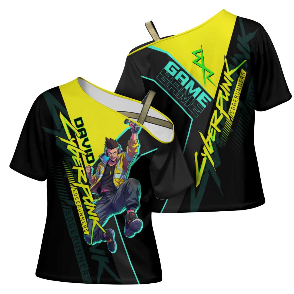 David Martinez Cyberpunk Edgerunners Cross Shoulder Shirt Futuristic Neon Anime Style