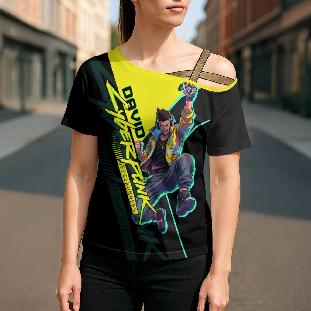 David Martinez Cyberpunk Edgerunners Cross Shoulder Shirt Futuristic Neon Anime Style