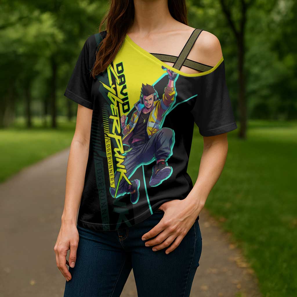 David Martinez Cyberpunk Edgerunners Cross Shoulder Shirt Futuristic Neon Anime Style