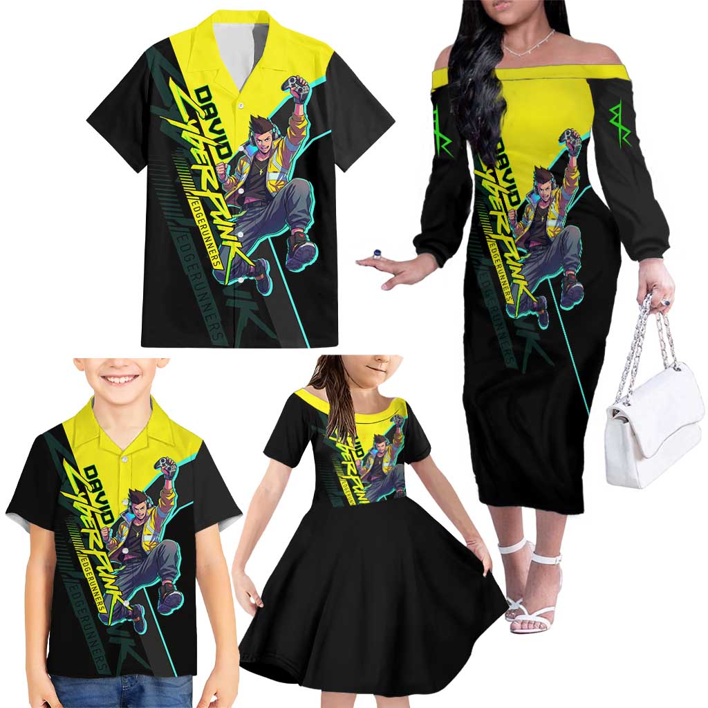 David Martinez Cyberpunk Edgerunners Family Matching Off The Shoulder Long Sleeve Dress and Hawaiian Shirt Futuristic Neon Anime Style