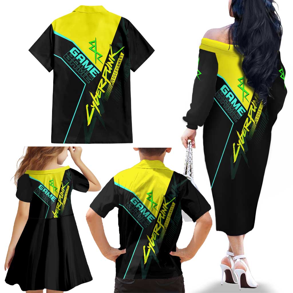 David Martinez Cyberpunk Edgerunners Family Matching Off The Shoulder Long Sleeve Dress and Hawaiian Shirt Futuristic Neon Anime Style