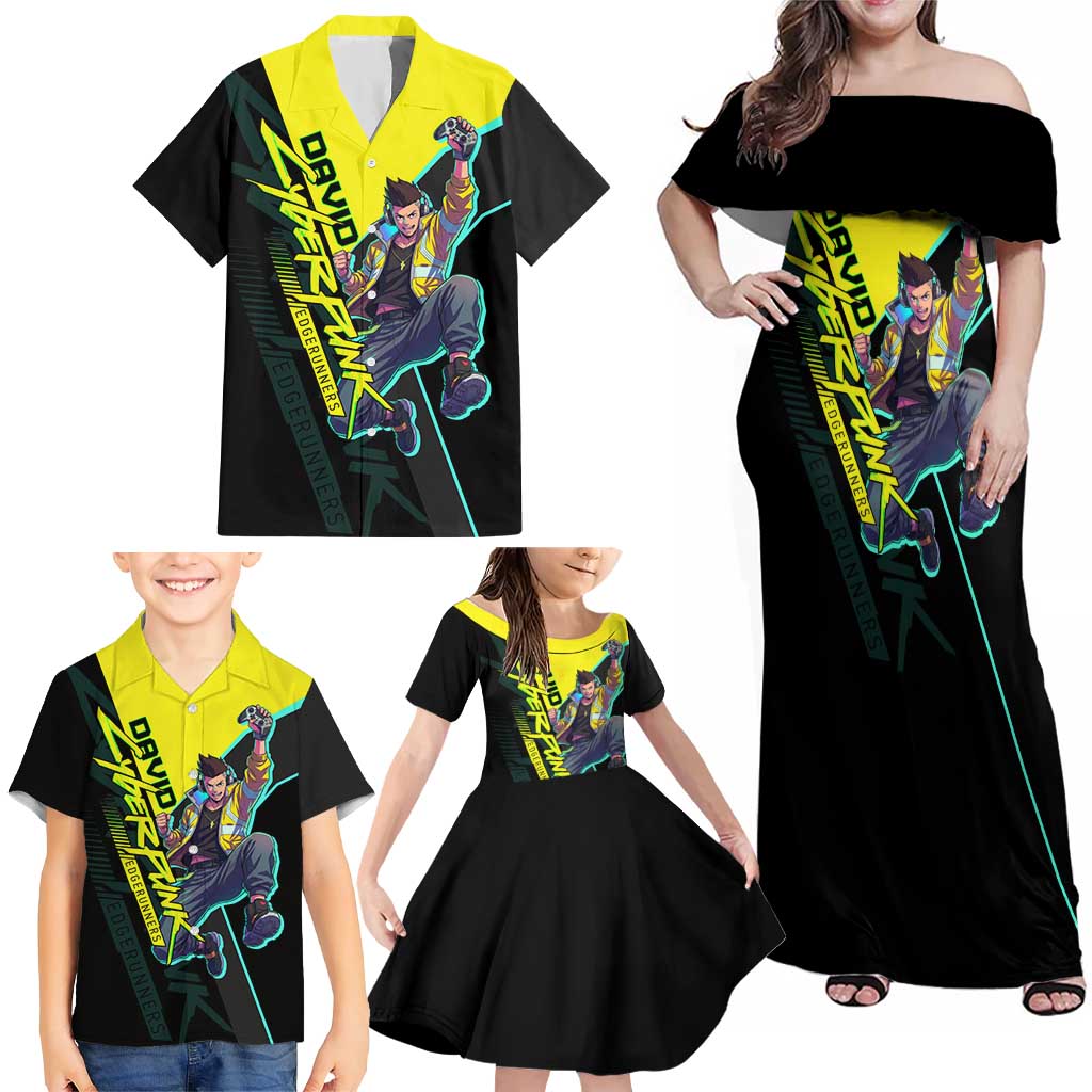 David Martinez Cyberpunk Edgerunners Family Matching Off Shoulder Maxi Dress and Hawaiian Shirt Futuristic Neon Anime Style