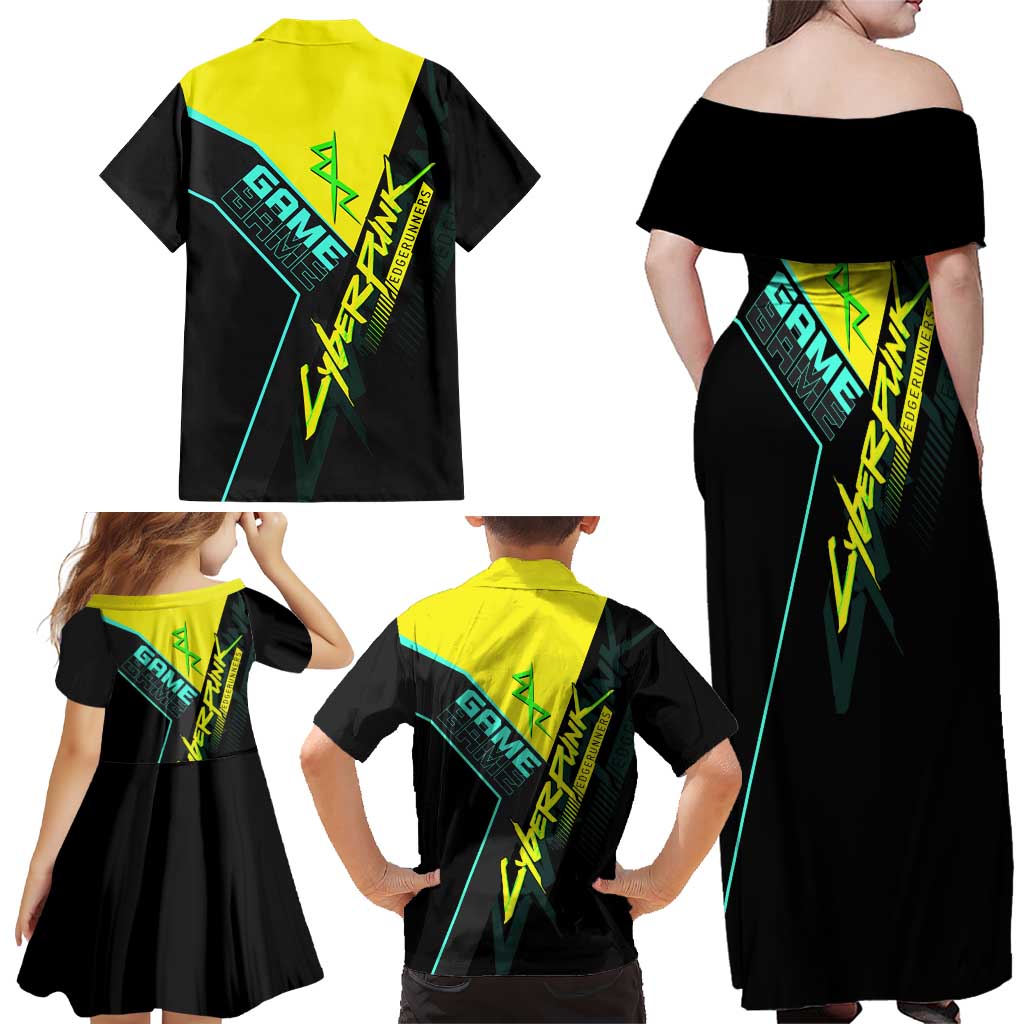David Martinez Cyberpunk Edgerunners Family Matching Off Shoulder Maxi Dress and Hawaiian Shirt Futuristic Neon Anime Style
