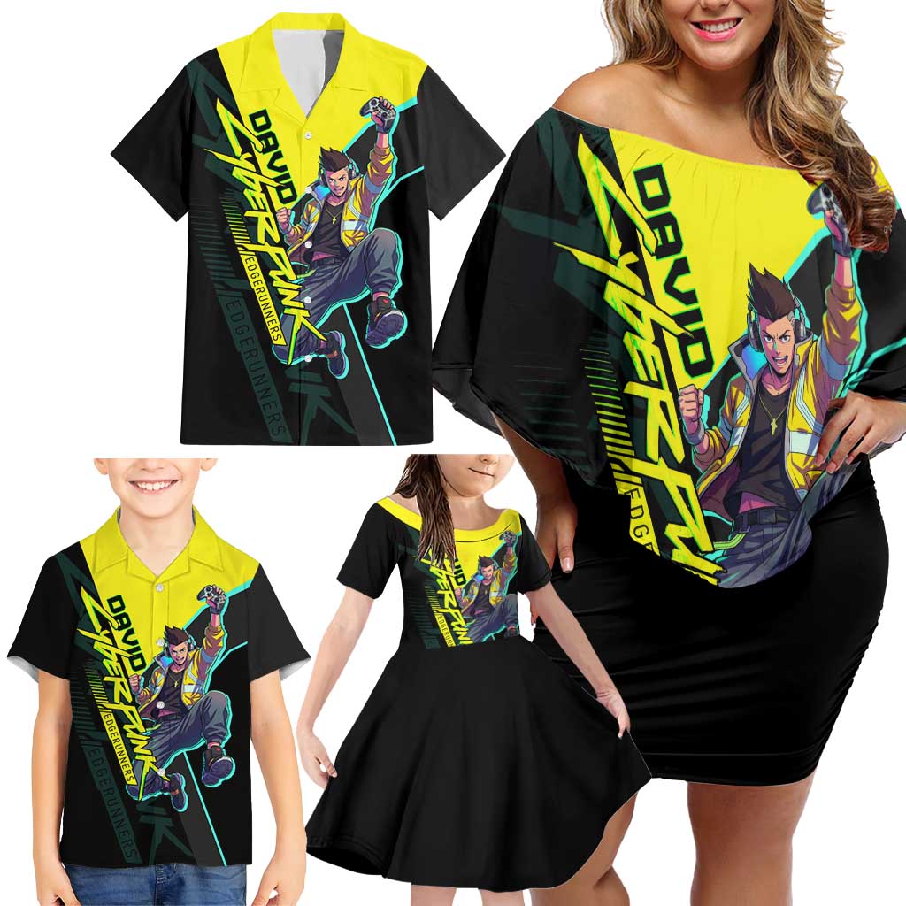 David Martinez Cyberpunk Edgerunners Family Matching Off Shoulder Short Dress and Hawaiian Shirt Futuristic Neon Anime Style