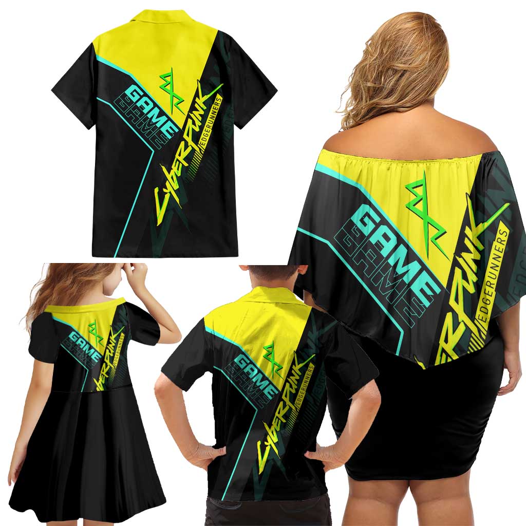 David Martinez Cyberpunk Edgerunners Family Matching Off Shoulder Short Dress and Hawaiian Shirt Futuristic Neon Anime Style