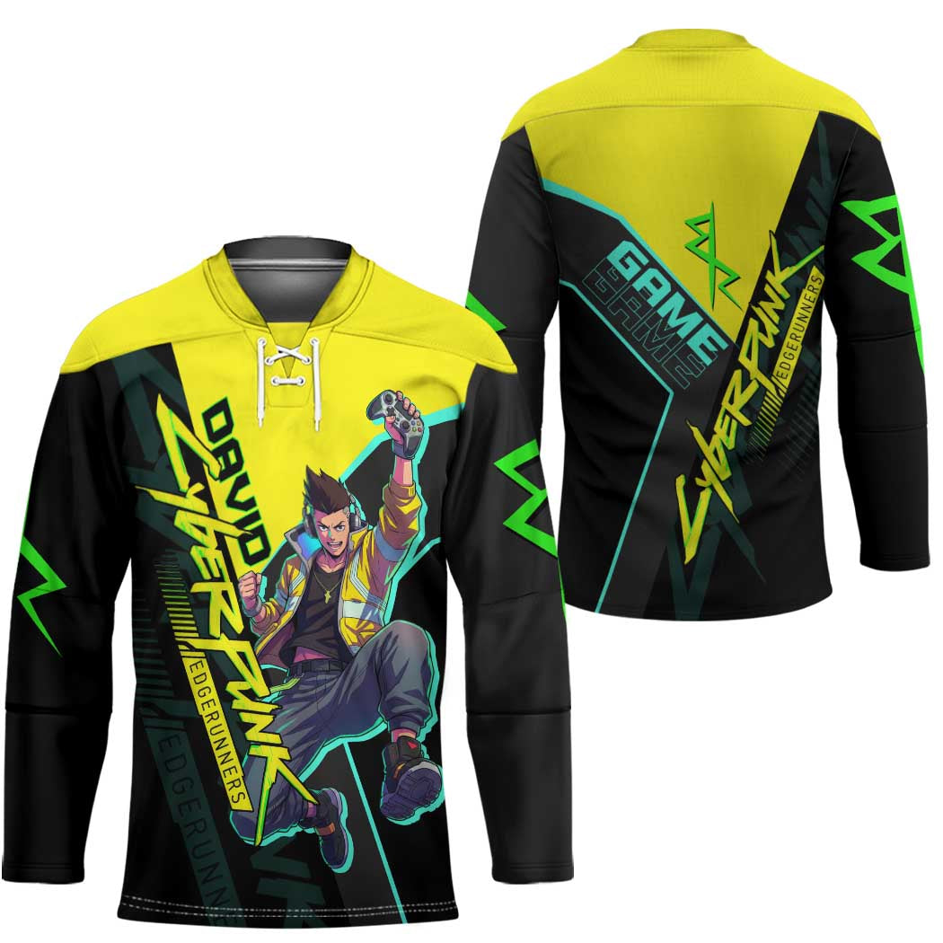 David Martinez Cyberpunk Edgerunners Hockey Jersey Futuristic Neon Anime Style