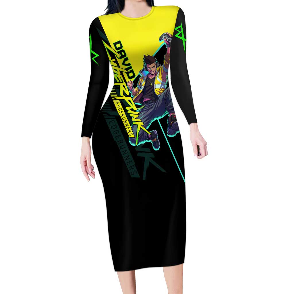David Martinez Cyberpunk Edgerunners Long Sleeve Bodycon Dress Futuristic Neon Anime Style