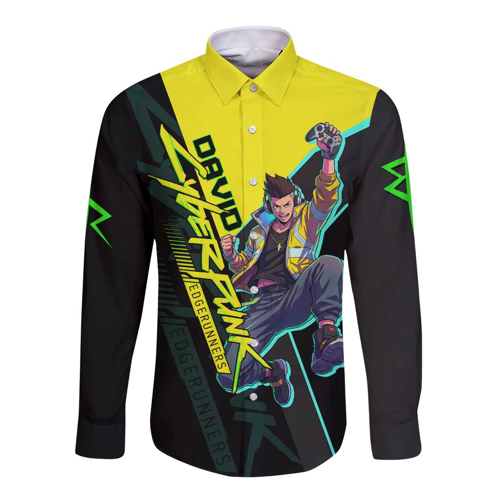 David Martinez Cyberpunk Edgerunners Long Sleeve Button Shirt Futuristic Neon Anime Style