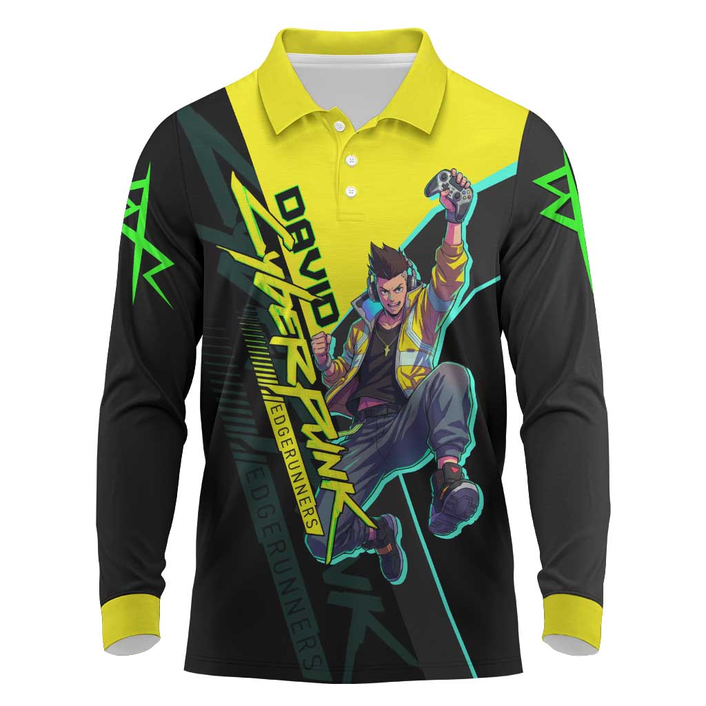 David Martinez Cyberpunk Edgerunners Long Sleeve Polo Shirt Futuristic Neon Anime Style
