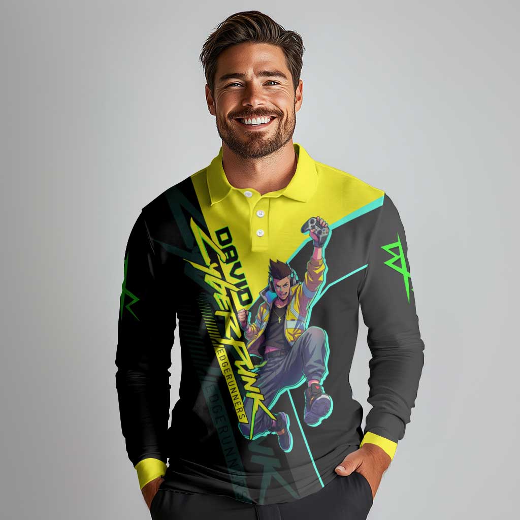 David Martinez Cyberpunk Edgerunners Long Sleeve Polo Shirt Futuristic Neon Anime Style