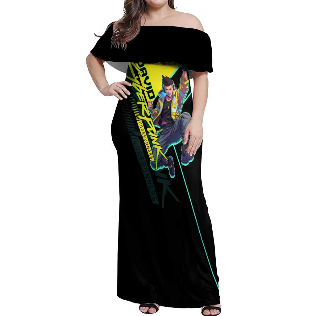 David Martinez Cyberpunk Edgerunners Off Shoulder Maxi Dress Futuristic Neon Anime Style