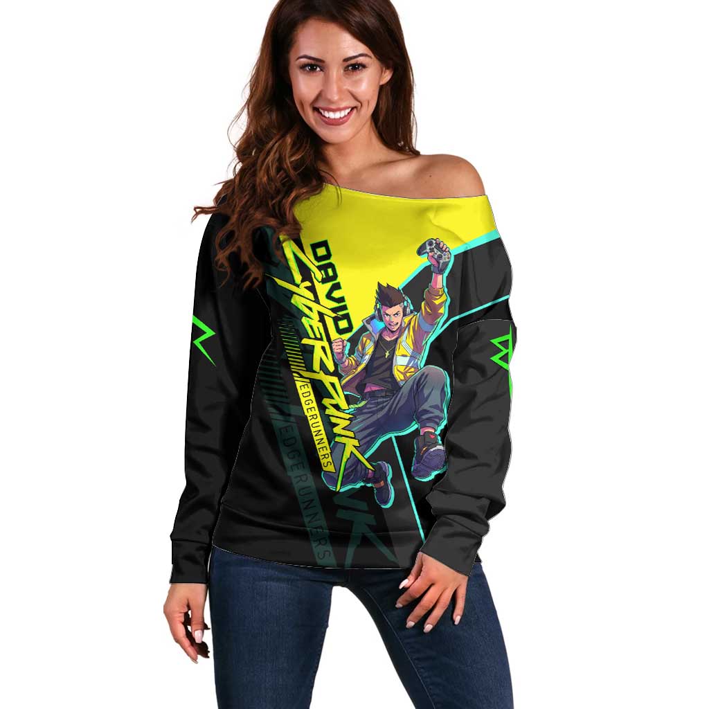 David Martinez Cyberpunk Edgerunners Off Shoulder Sweater Futuristic Neon Anime Style