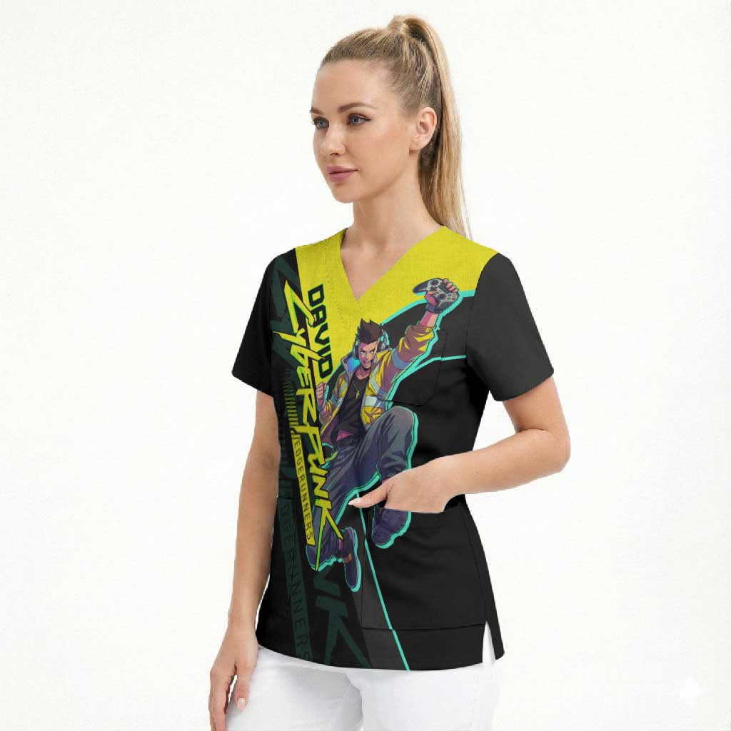 David Martinez Cyberpunk Edgerunners Scrub Top Futuristic Neon Anime Style