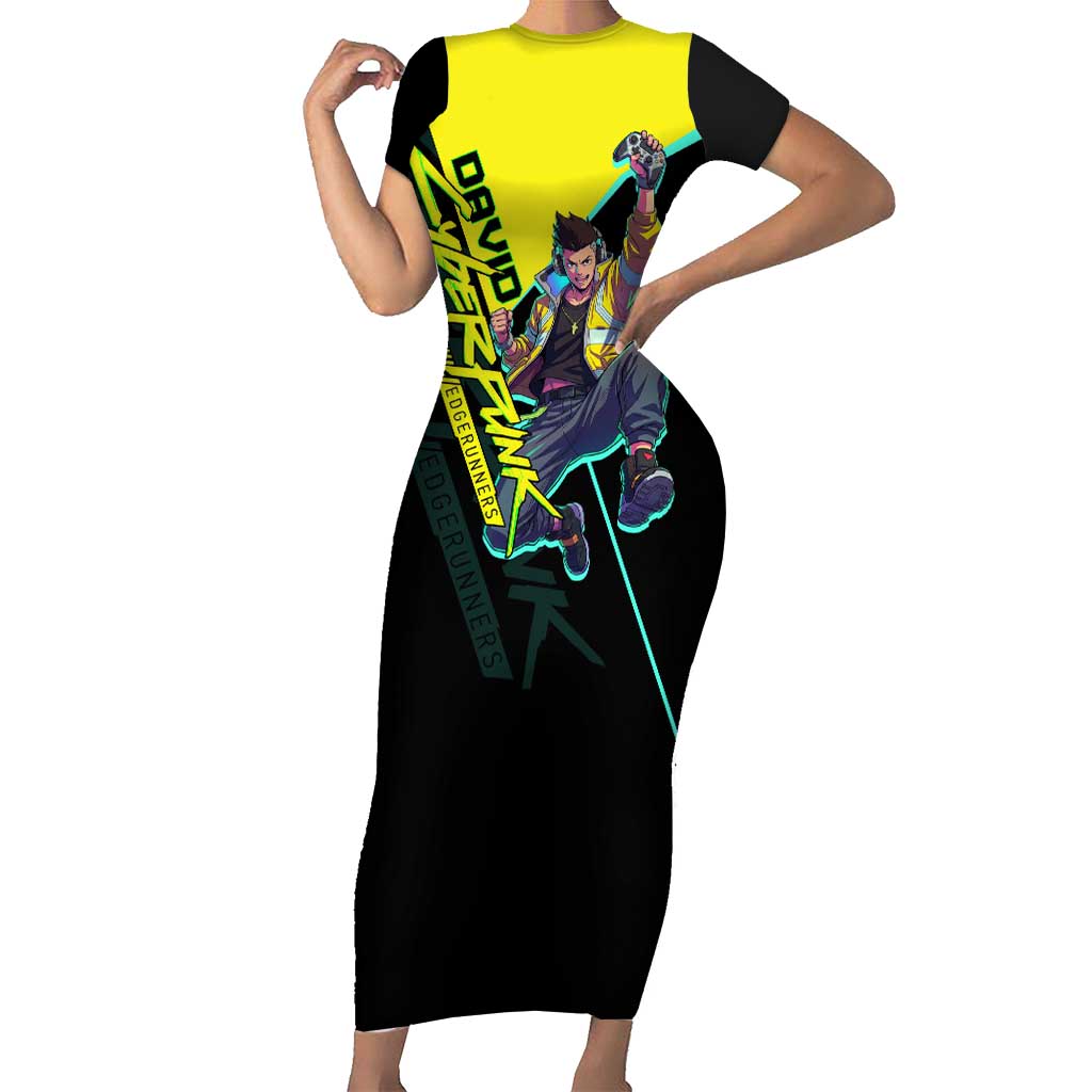 David Martinez Cyberpunk Edgerunners Short Sleeve Bodycon Dress Futuristic Neon Anime Style