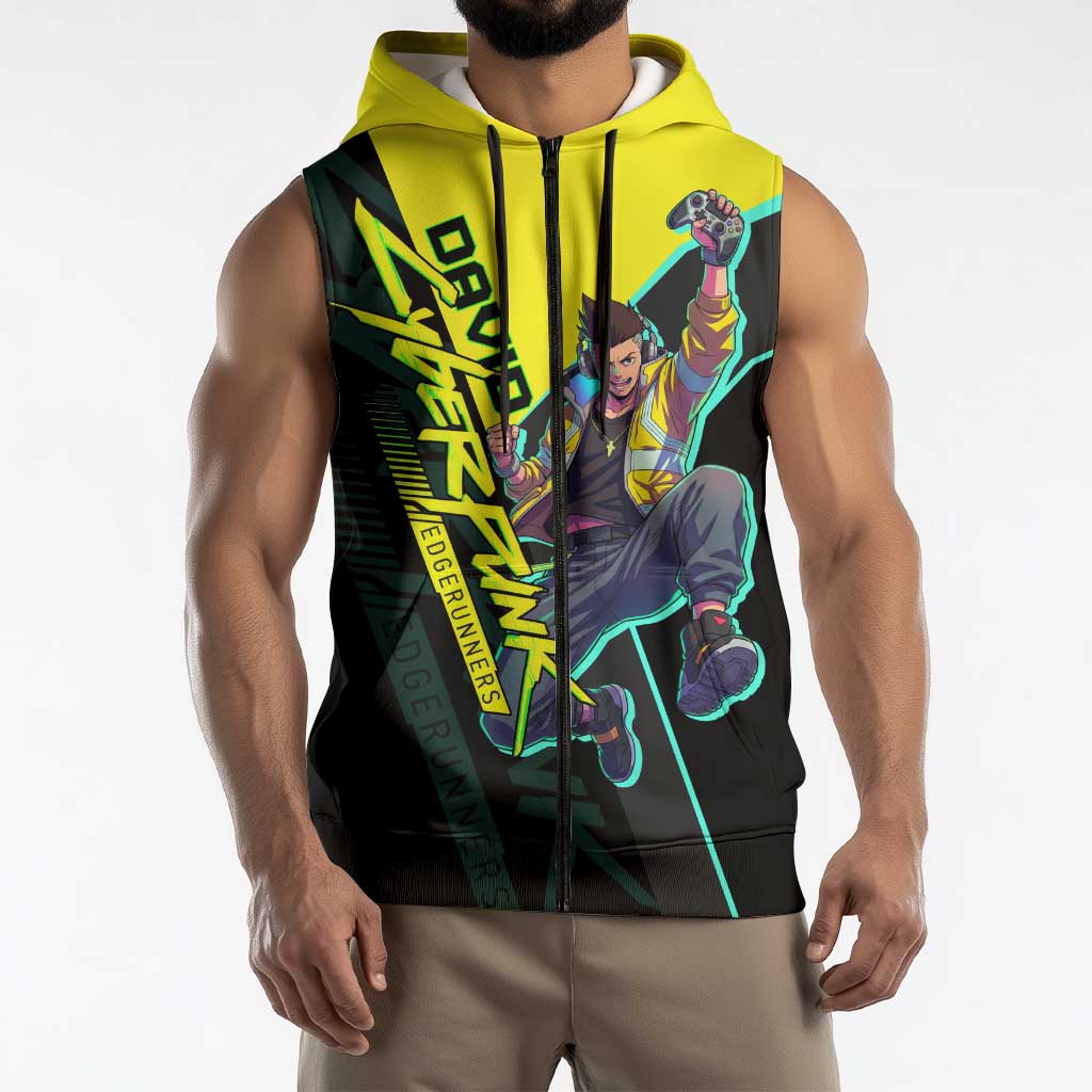 David Martinez Cyberpunk Edgerunners Sleeveless Zip Hoodie Futuristic Neon Anime Style