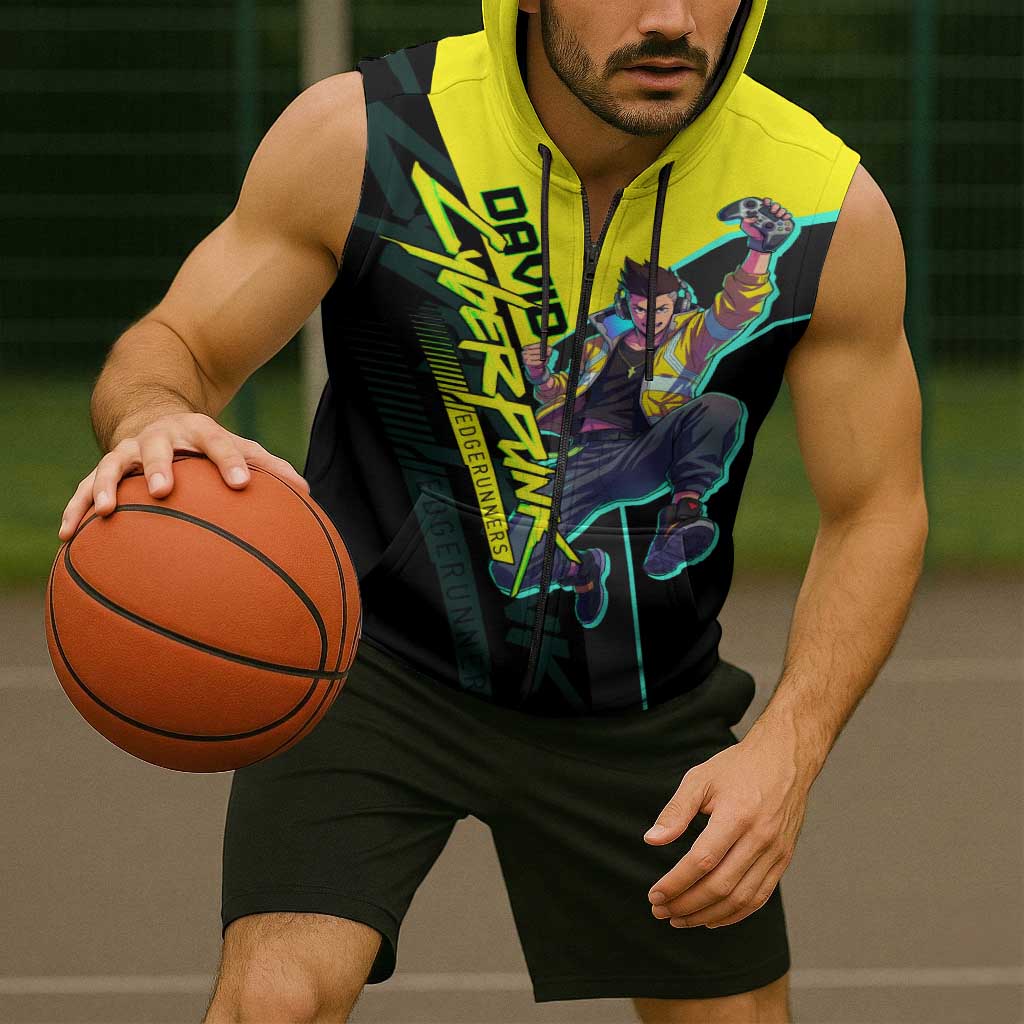 David Martinez Cyberpunk Edgerunners Sleeveless Zip Hoodie Futuristic Neon Anime Style