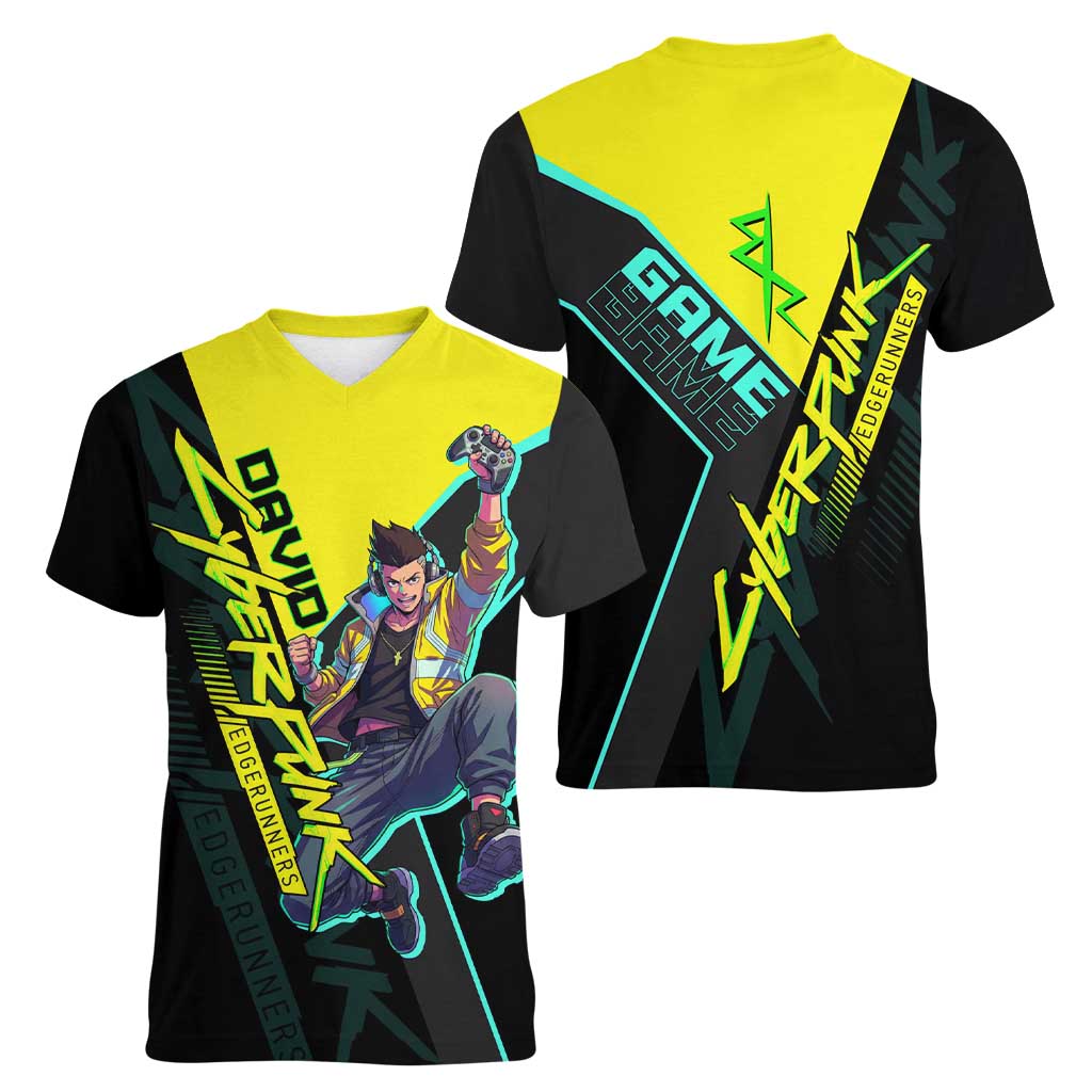 David Martinez Cyberpunk Edgerunners Women V-Neck T-Shirt Futuristic Neon Anime Style