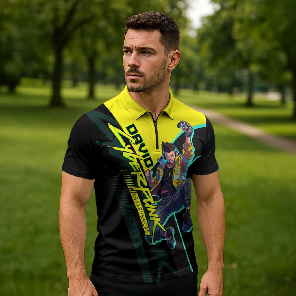 David Martinez Cyberpunk Edgerunners Zipper Polo Shirt Futuristic Neon Anime Style