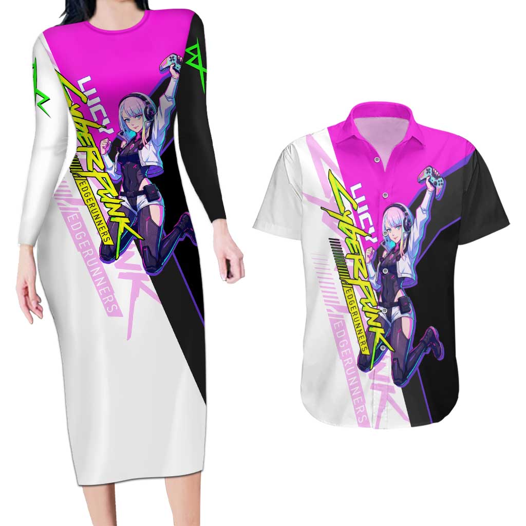Lucy Cyberpunk Edgerunners Couples Matching Long Sleeve Bodycon Dress and Hawaiian Shirt Neon Techwear Anime Style