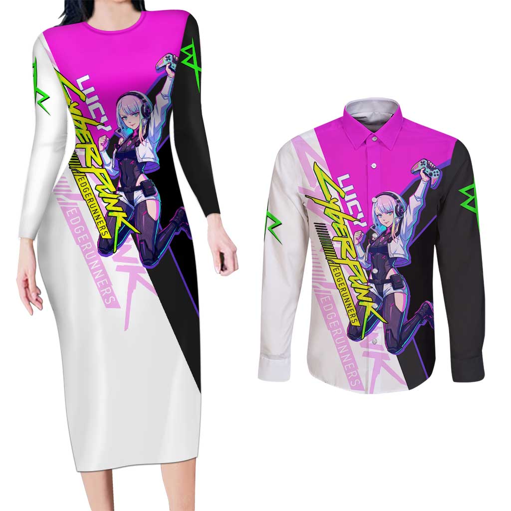 Lucy Cyberpunk Edgerunners Couples Matching Long Sleeve Bodycon Dress and Long Sleeve Button Shirt Neon Techwear Anime Style