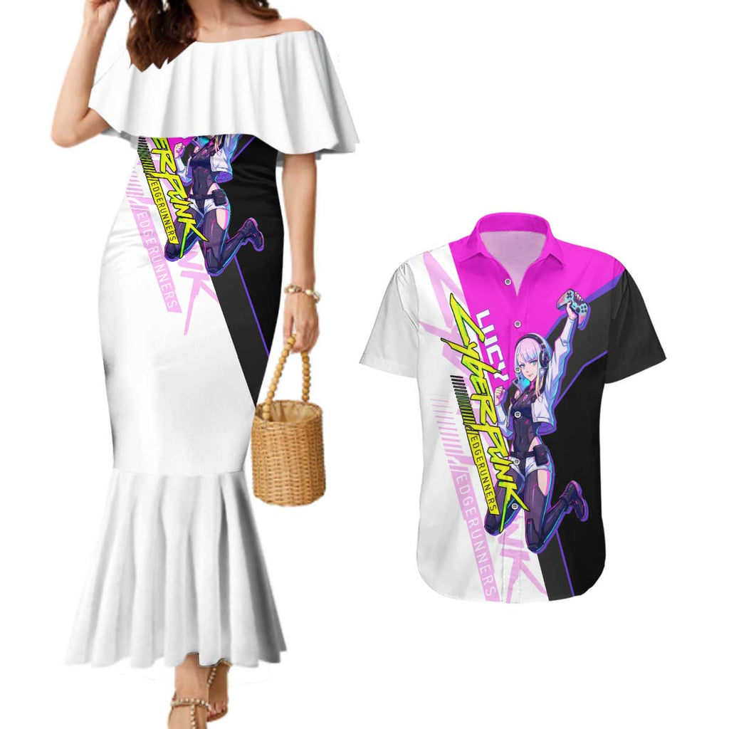 Lucy Cyberpunk Edgerunners Couples Matching Mermaid Dress and Hawaiian Shirt Neon Techwear Anime Style