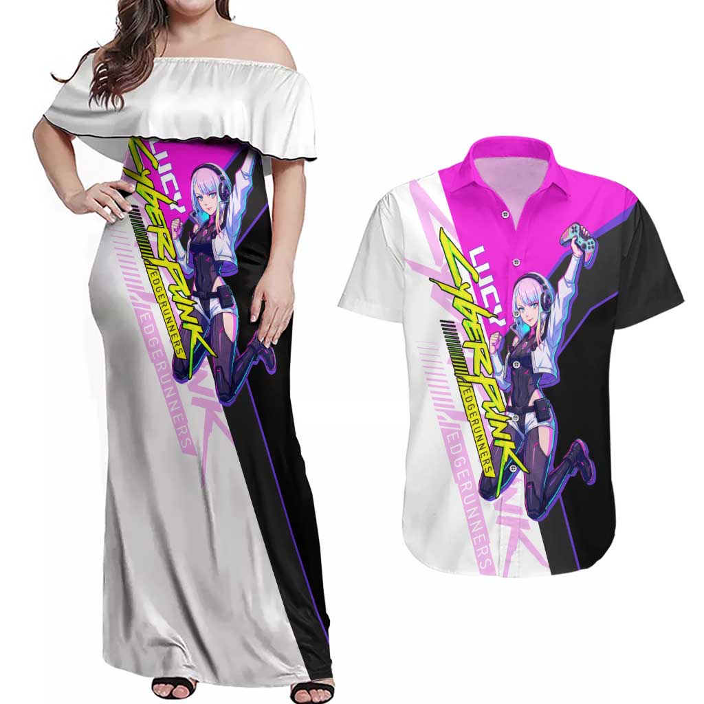 Lucy Cyberpunk Edgerunners Couples Matching Off Shoulder Maxi Dress and Hawaiian Shirt Neon Techwear Anime Style