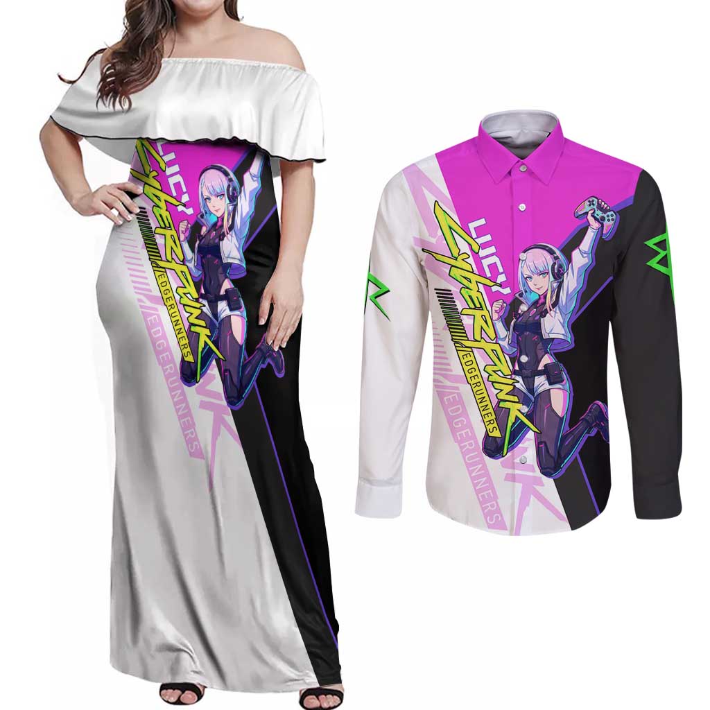 Lucy Cyberpunk Edgerunners Couples Matching Off Shoulder Maxi Dress and Long Sleeve Button Shirt Neon Techwear Anime Style