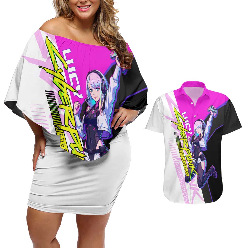 Lucy Cyberpunk Edgerunners Couples Matching Off Shoulder Short Dress and Hawaiian Shirt Neon Techwear Anime Style