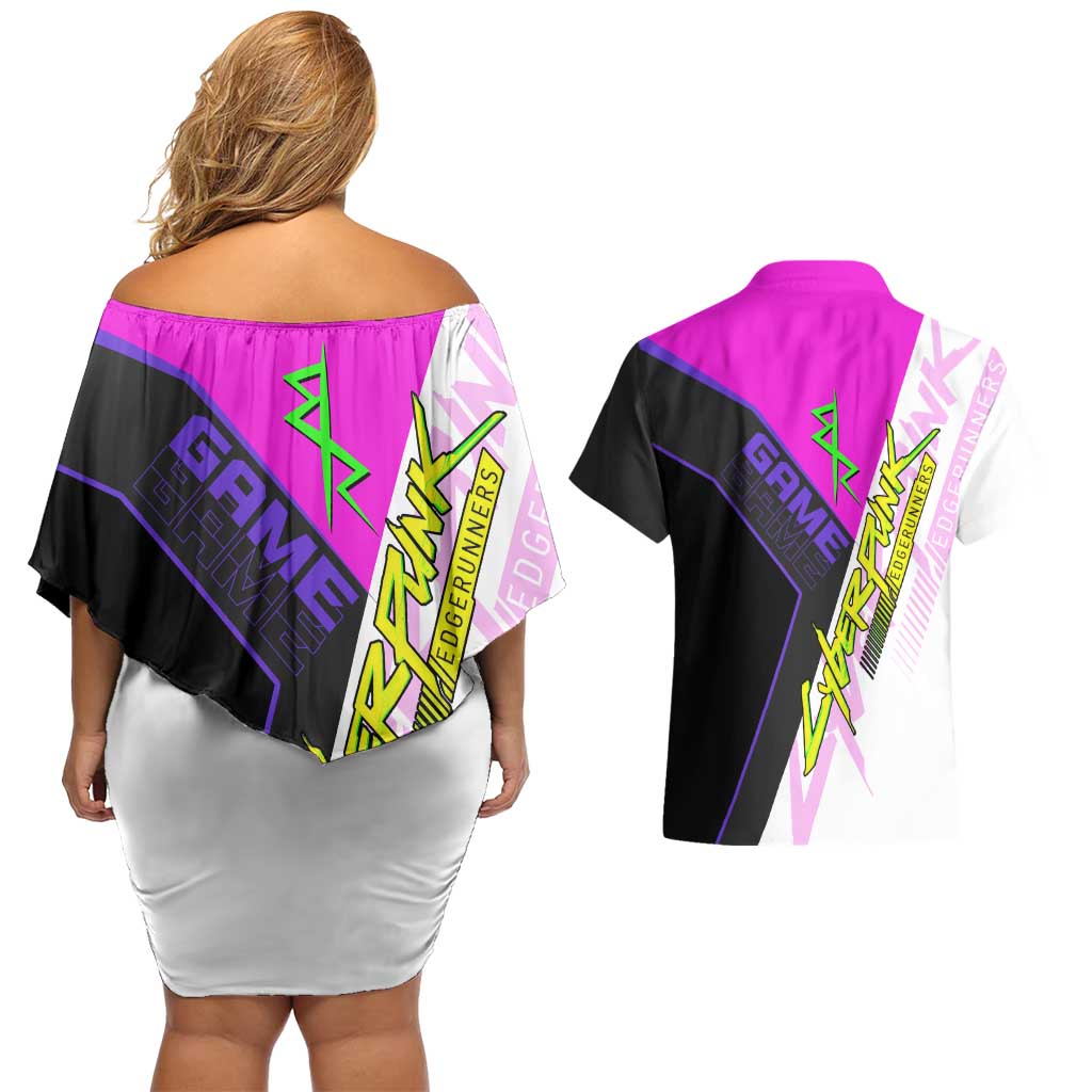 Lucy Cyberpunk Edgerunners Couples Matching Off Shoulder Short Dress and Hawaiian Shirt Neon Techwear Anime Style
