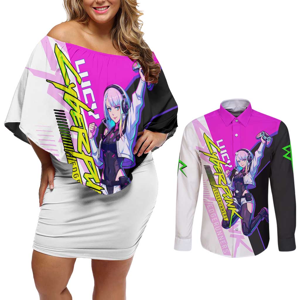 Lucy Cyberpunk Edgerunners Couples Matching Off Shoulder Short Dress and Long Sleeve Button Shirt Neon Techwear Anime Style