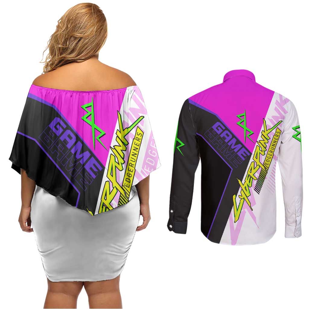Lucy Cyberpunk Edgerunners Couples Matching Off Shoulder Short Dress and Long Sleeve Button Shirt Neon Techwear Anime Style
