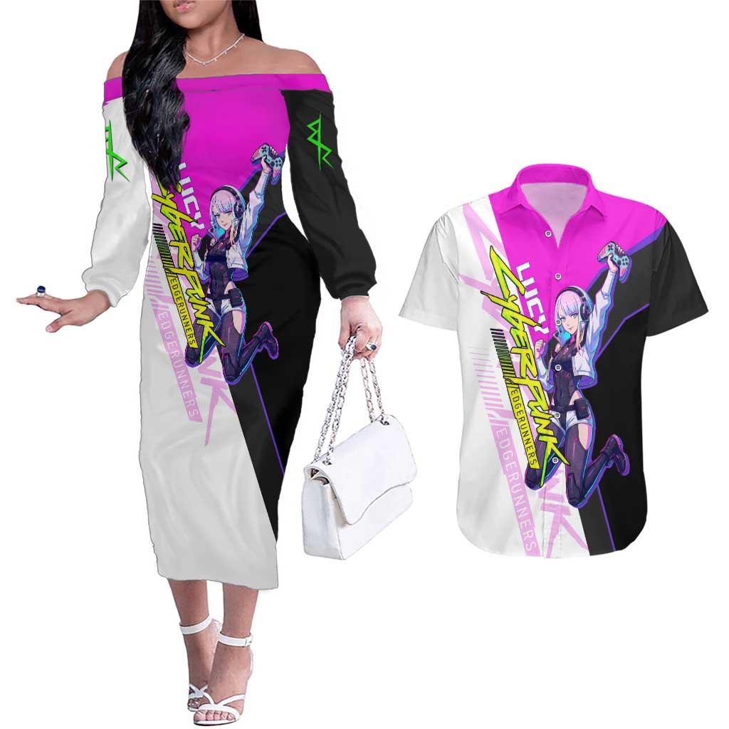 Lucy Cyberpunk Edgerunners Couples Matching Off The Shoulder Long Sleeve Dress and Hawaiian Shirt Neon Techwear Anime Style