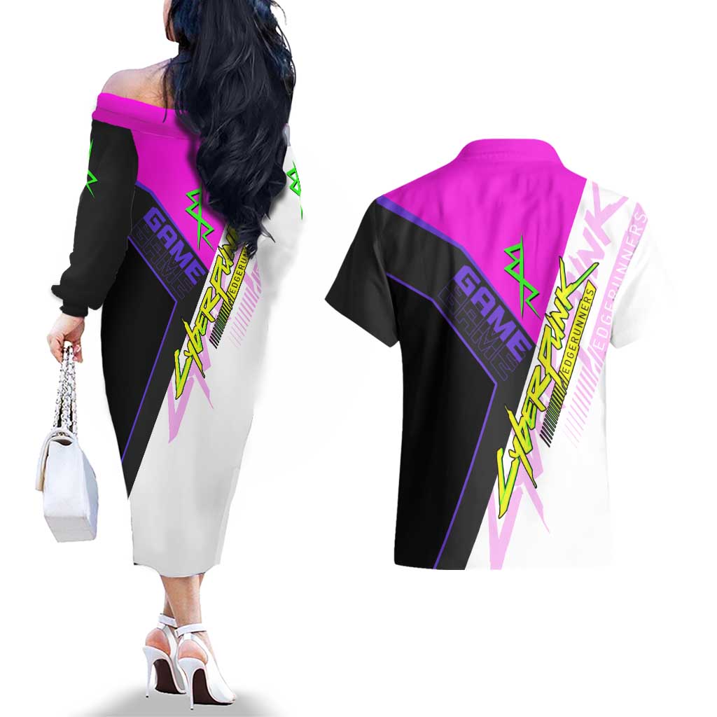 Lucy Cyberpunk Edgerunners Couples Matching Off The Shoulder Long Sleeve Dress and Hawaiian Shirt Neon Techwear Anime Style