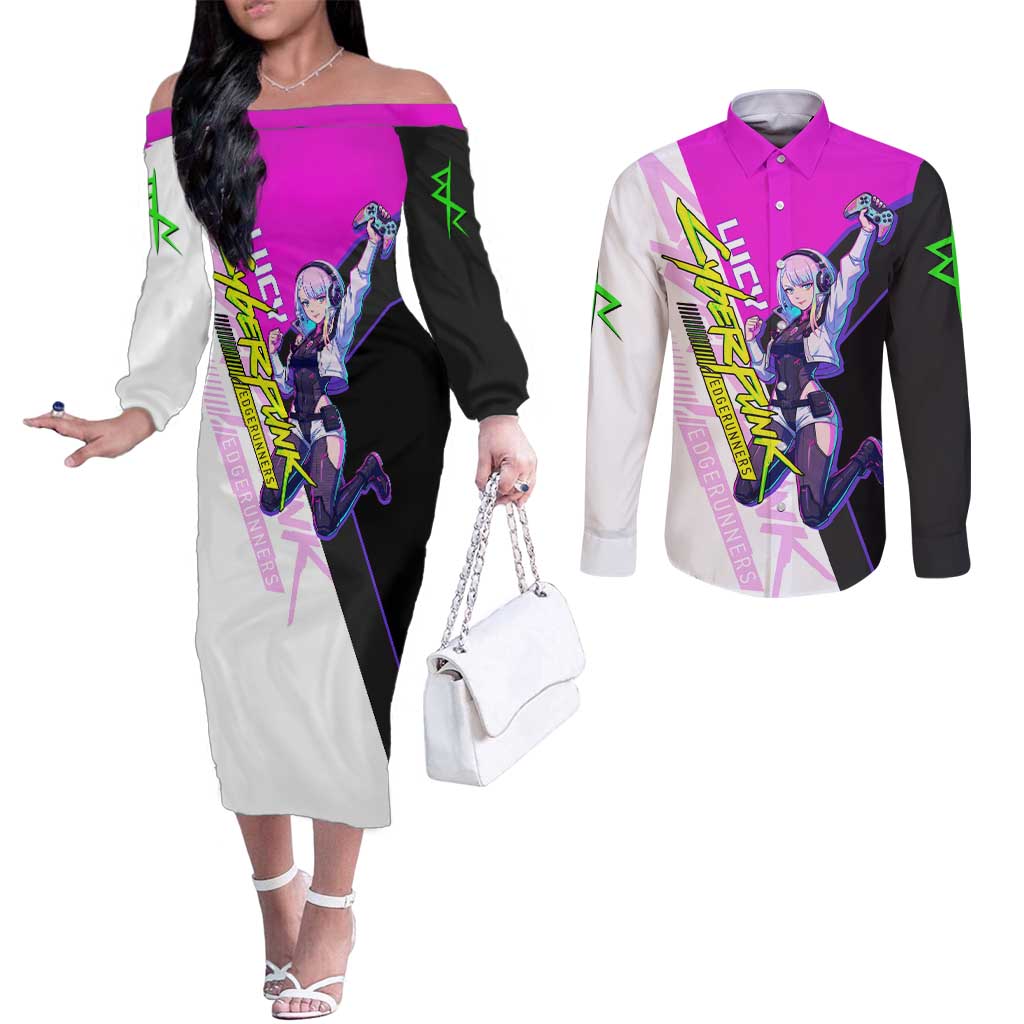 Lucy Cyberpunk Edgerunners Couples Matching Off The Shoulder Long Sleeve Dress and Long Sleeve Button Shirt Neon Techwear Anime Style
