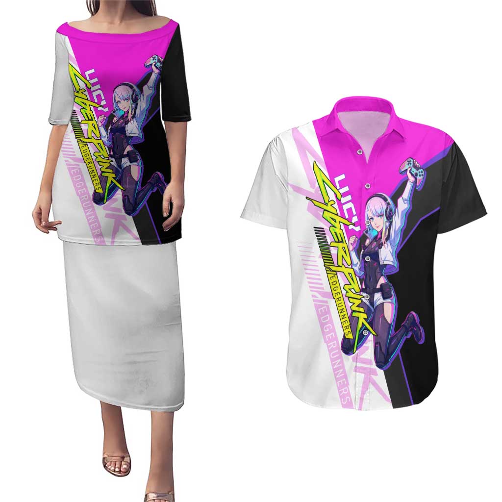 Lucy Cyberpunk Edgerunners Couples Matching Puletasi and Hawaiian Shirt Neon Techwear Anime Style