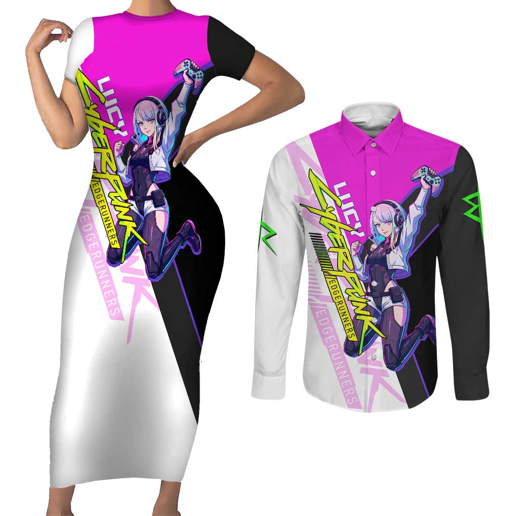 Lucy Cyberpunk Edgerunners Couples Matching Short Sleeve Bodycon Dress and Long Sleeve Button Shirt Neon Techwear Anime Style