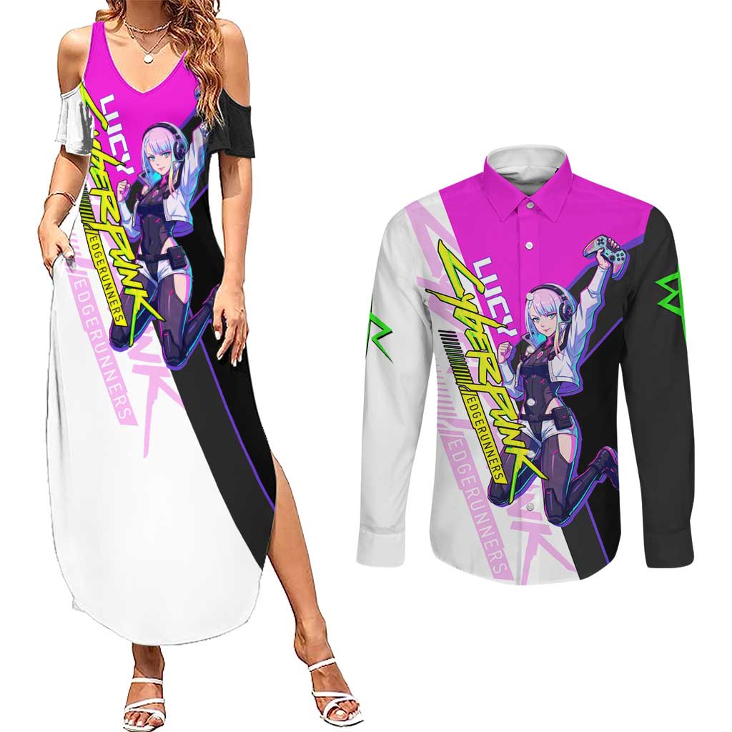 Lucy Cyberpunk Edgerunners Couples Matching Summer Maxi Dress and Long Sleeve Button Shirt Neon Techwear Anime Style