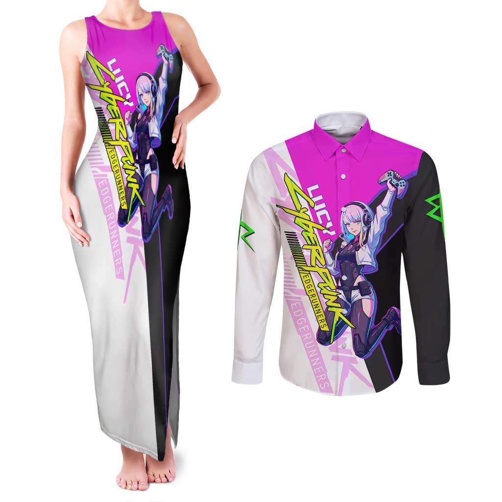 Lucy Cyberpunk Edgerunners Couples Matching Tank Maxi Dress and Long Sleeve Button Shirt Neon Techwear Anime Style