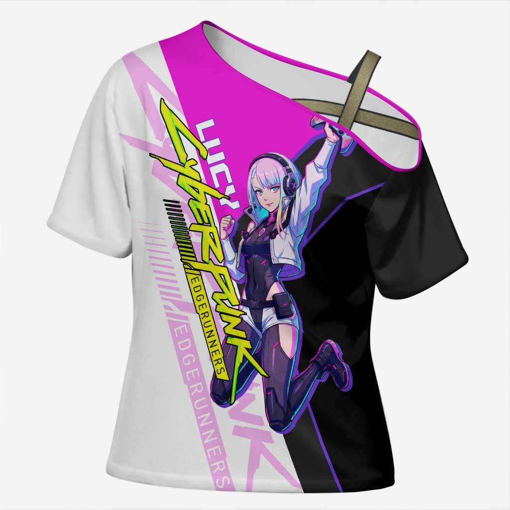 Lucy Cyberpunk Edgerunners Cross Shoulder Shirt Neon Techwear Anime Style
