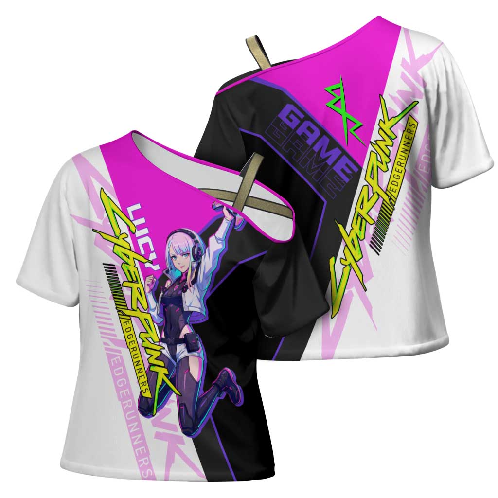 Lucy Cyberpunk Edgerunners Cross Shoulder Shirt Neon Techwear Anime Style