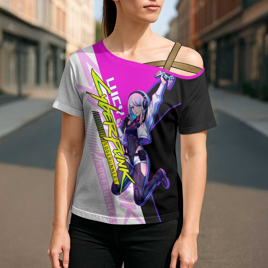 Lucy Cyberpunk Edgerunners Cross Shoulder Shirt Neon Techwear Anime Style