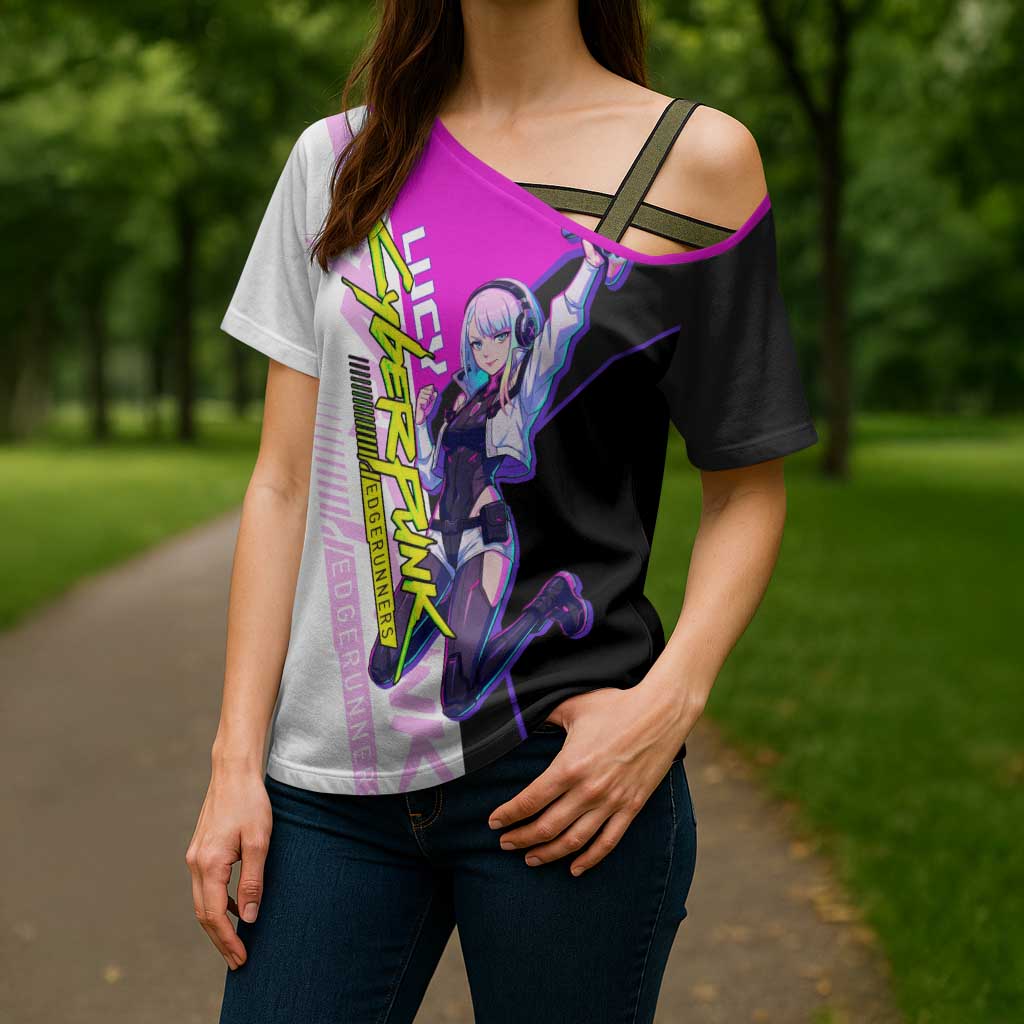 Lucy Cyberpunk Edgerunners Cross Shoulder Shirt Neon Techwear Anime Style