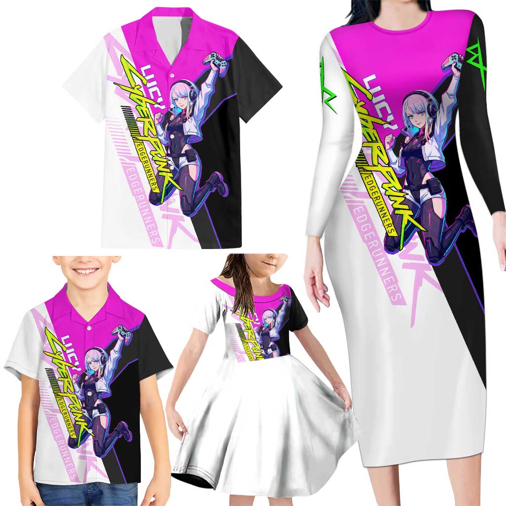 Lucy Cyberpunk Edgerunners Family Matching Long Sleeve Bodycon Dress and Hawaiian Shirt Neon Techwear Anime Style