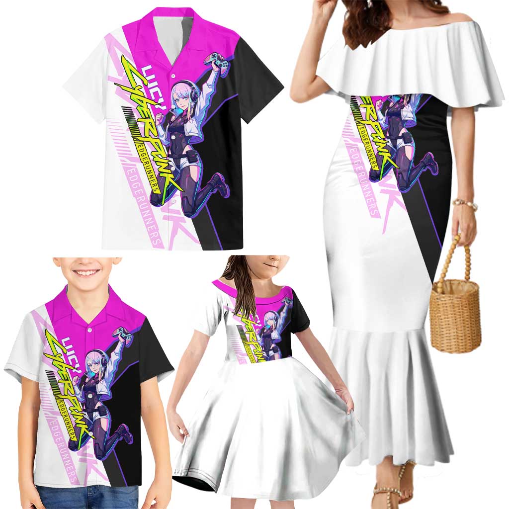 Lucy Cyberpunk Edgerunners Family Matching Mermaid Dress and Hawaiian Shirt Neon Techwear Anime Style