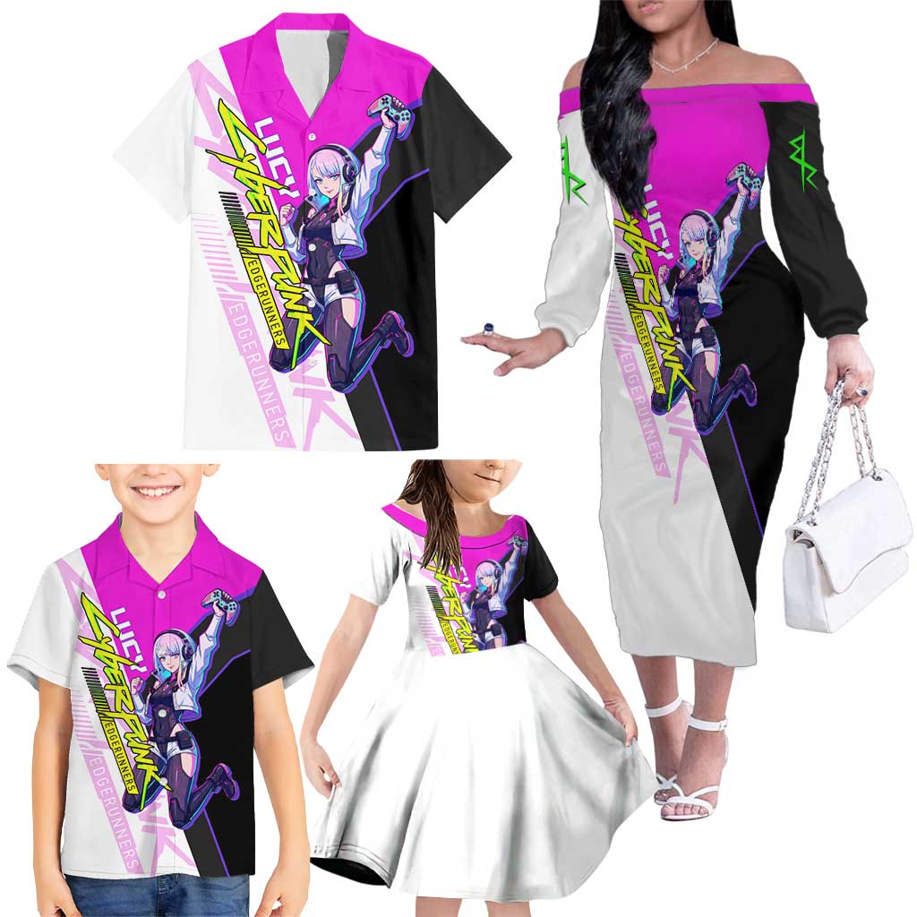 Lucy Cyberpunk Edgerunners Family Matching Off The Shoulder Long Sleeve Dress and Hawaiian Shirt Neon Techwear Anime Style