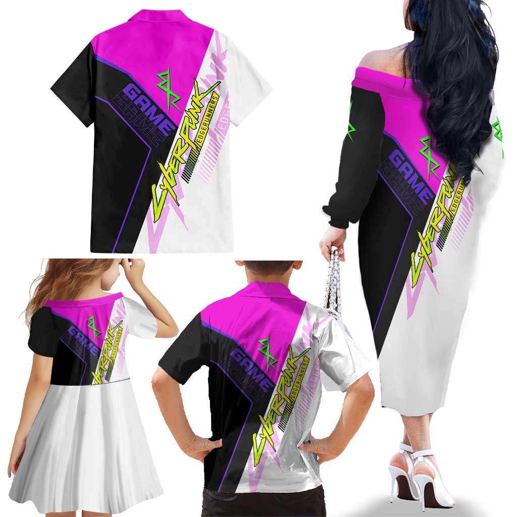 Lucy Cyberpunk Edgerunners Family Matching Off The Shoulder Long Sleeve Dress and Hawaiian Shirt Neon Techwear Anime Style