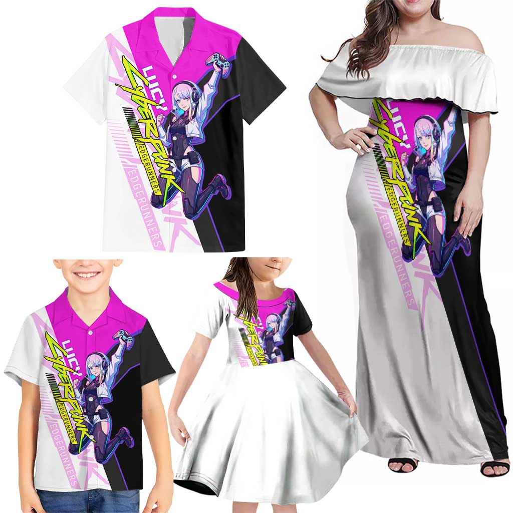 Lucy Cyberpunk Edgerunners Family Matching Off Shoulder Maxi Dress and Hawaiian Shirt Neon Techwear Anime Style