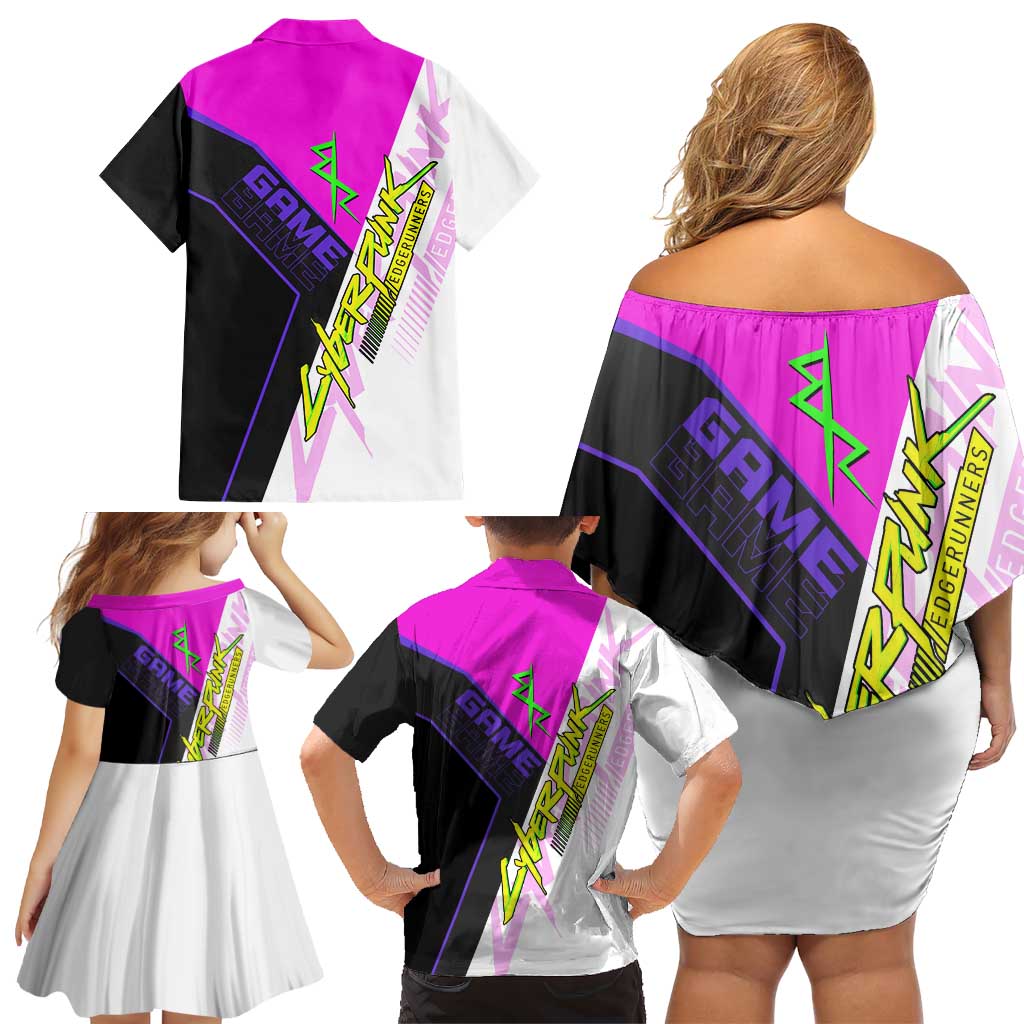 Lucy Cyberpunk Edgerunners Family Matching Off Shoulder Short Dress and Hawaiian Shirt Neon Techwear Anime Style